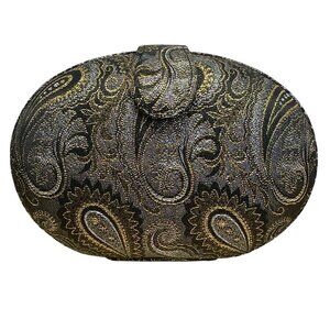 Whiting & Davis Black & Gold Paisley Oval Evening Clutch Purse With Snap Closure